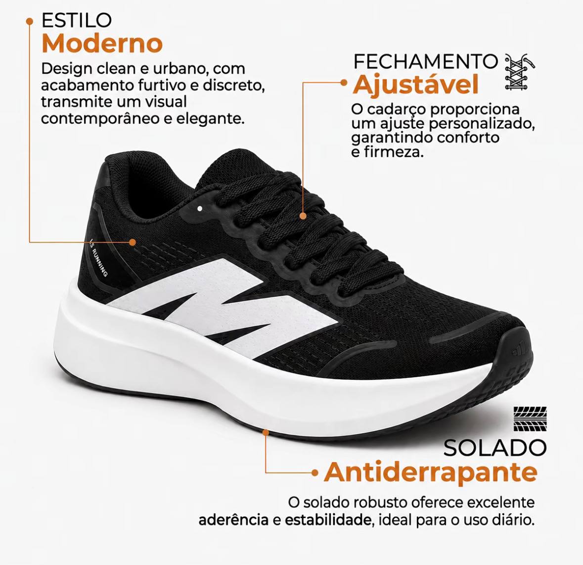 TENIS ANUA ESPORTIVO - detalhes do design moderno, fechamento ajustável e solado antiderrapante
